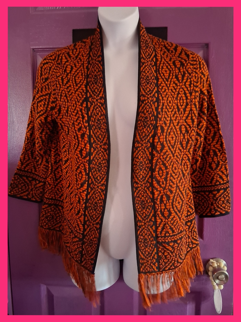 Ruby Rd. Orange and Black Open-Front Fringe Poncho Sweater
